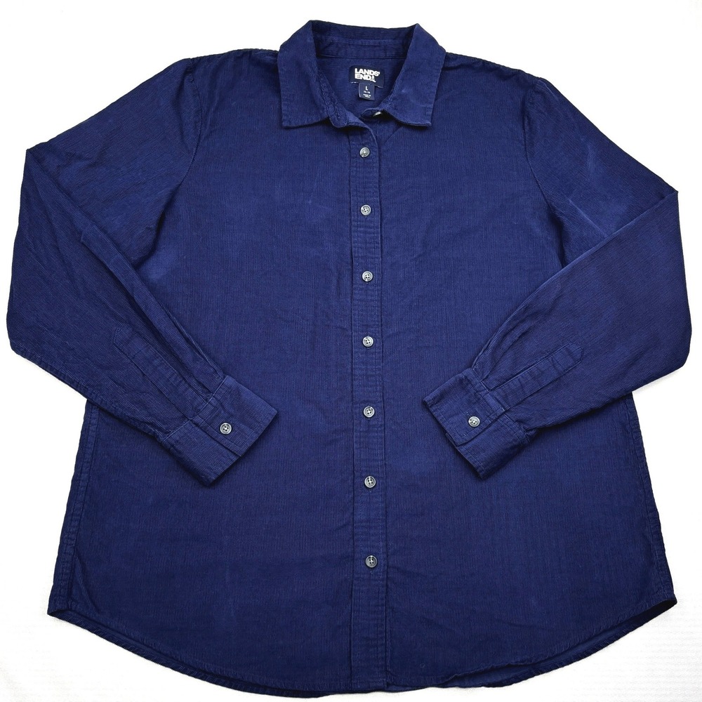 Lands End Womens Large 14-16 Navy Blue Fine Wale Corduroy Button Down Shirt L
